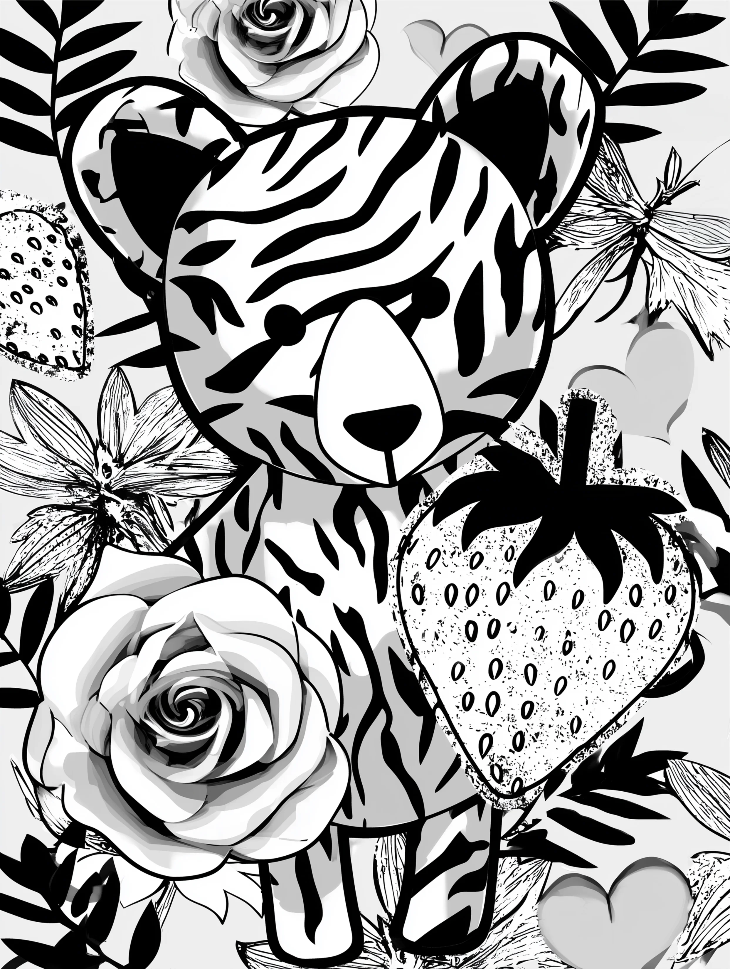 Free printable bear coloring book page featuring a bear with a large strawberry